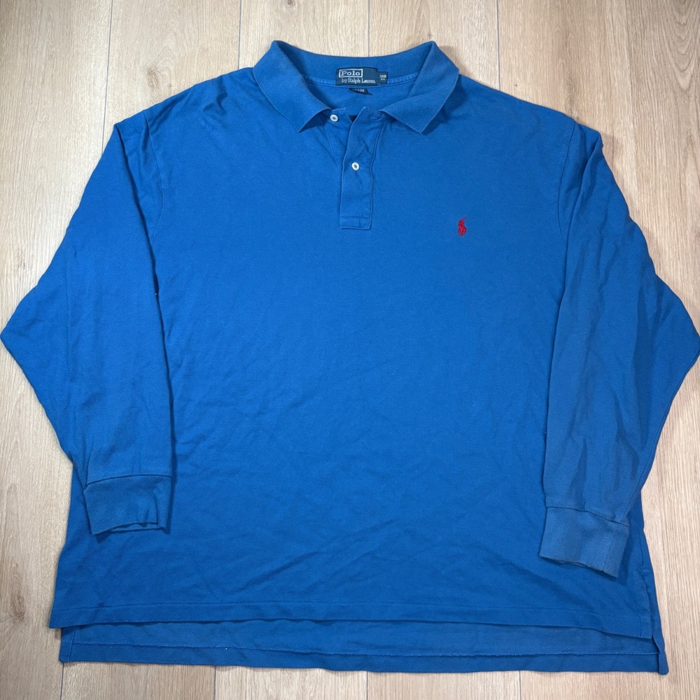 Polo Ralph Lauren Y2K Mens 3XB Big Blue Long Sleeve Pique Polo Shirt Red Pony